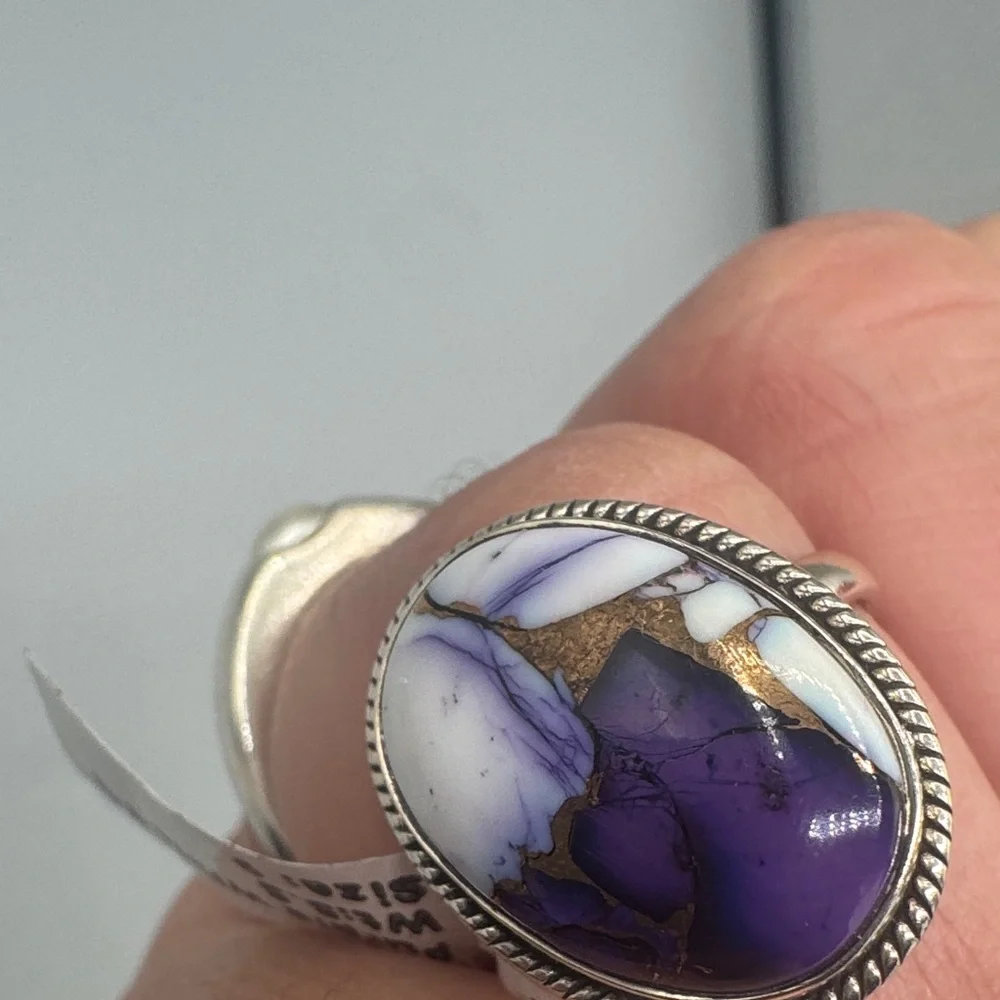 Purple White Turquoise Ring 925 Sterling Silver Oval Statement Sz 9 NWT